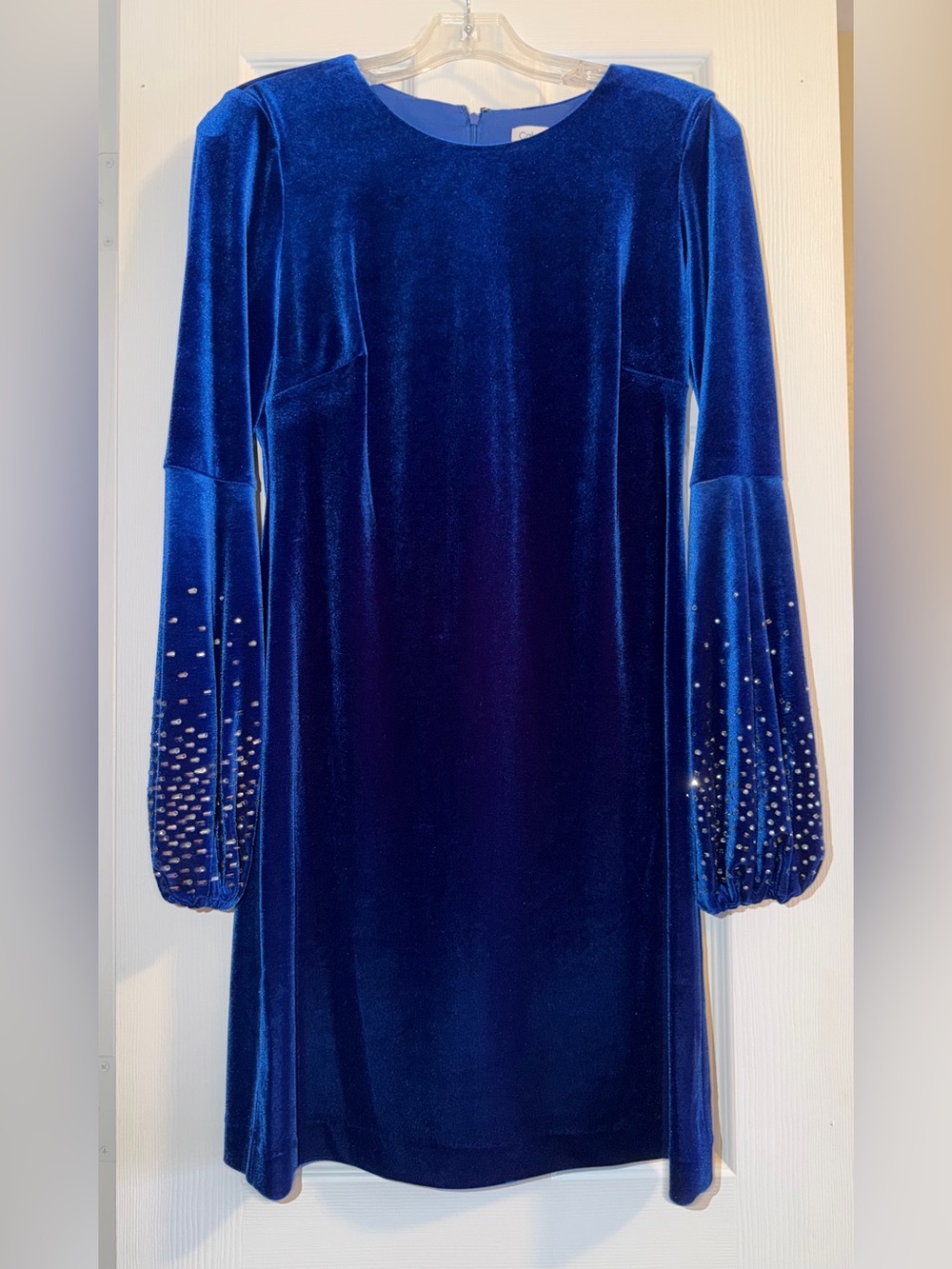 Calvin Klein Royal Blue Velvet Long-Sleeve Dress with Studded Cuffs